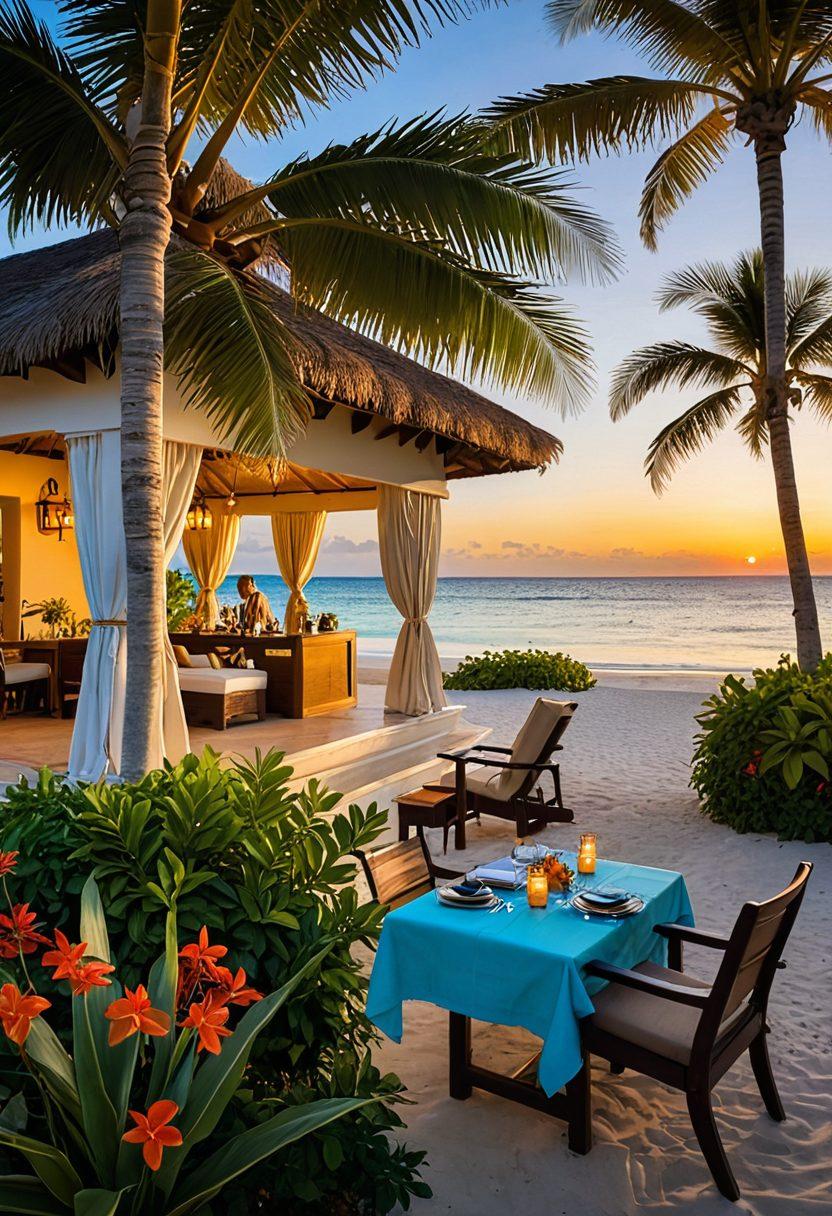 A serene beachfront resort with a luxury cabana overlooking crystal-clear waters, vibrant tropical plants surrounding it. In the foreground, a couple enjoys a gourmet meal served on a waiter's tray, with a sunset casting a golden hue over the scene. Add elements of leisure like hammocks and spa options in the background to enhance relaxation. super-realistic. vibrant colors. 3D.