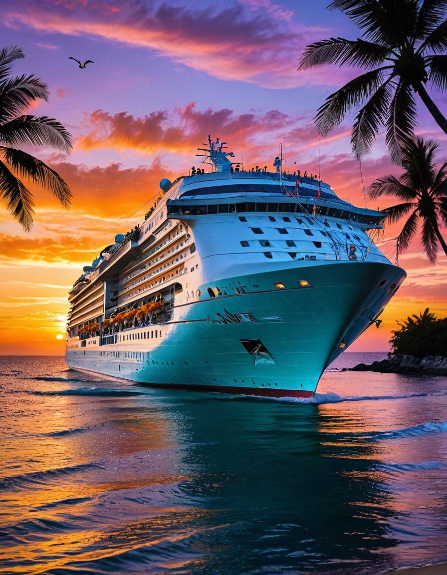 A majestic cruise ship sailing through turquoise waters, with a vibrant sunset in the background. Palm trees line the shore, and happy passengers can be seen enjoying the upper deck. Seagulls soar in the sky, enhancing the sense of freedom and adventure. The scene should evoke a feeling of wanderlust and relaxation. super-realistic. vibrant colors.