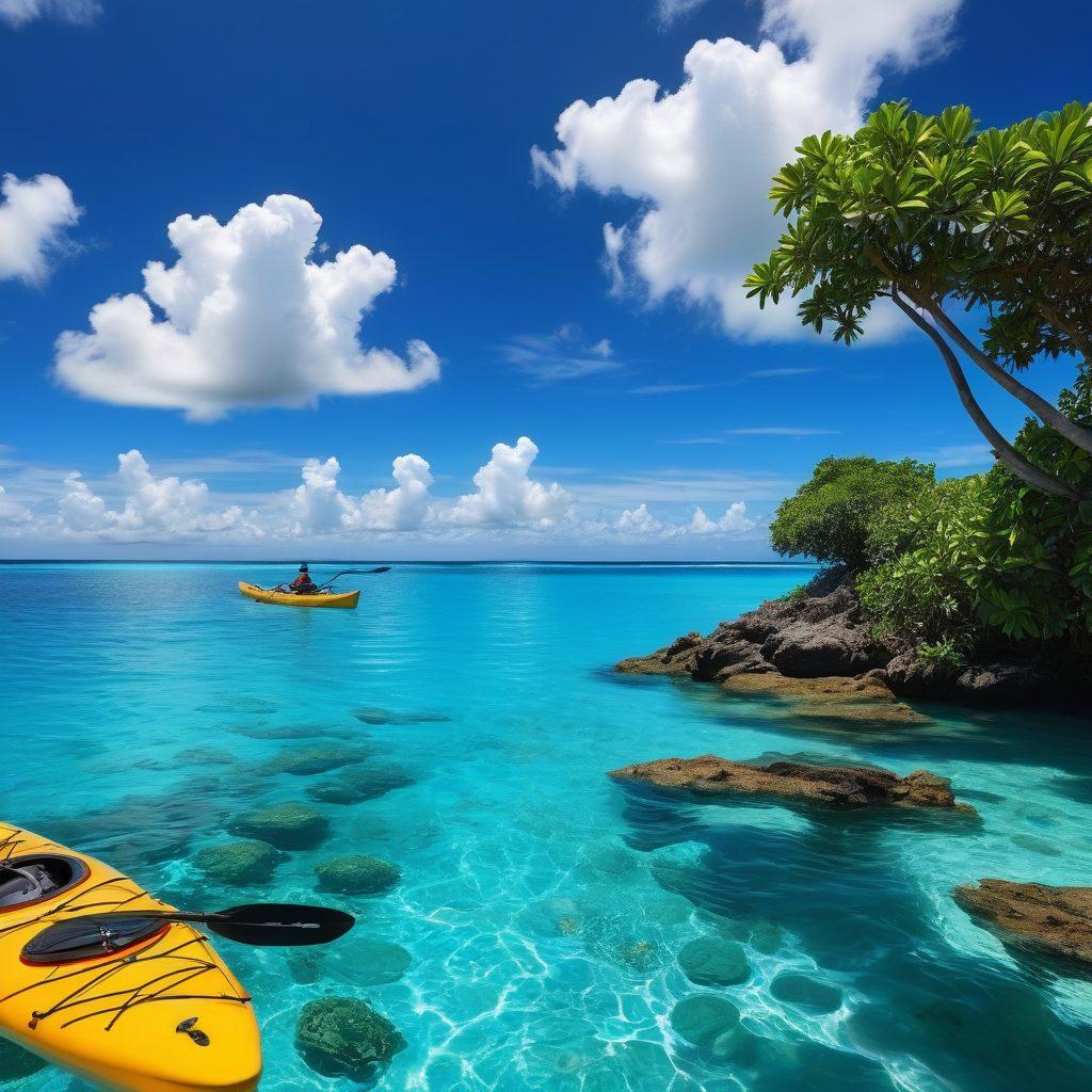 A breathtaking scene of a vibrant blue ocean with adventurous explorers on a kayak, surrounded by a stunning coral reef and playful dolphins jumping out of the water. The sky is bright with fluffy clouds and a distant island is visible. Elements of travel tips are artistically integrated, like a compass, map, and camera floating in the air. This image should evoke a sense of adventure and discovery. super-realistic. vibrant colors.